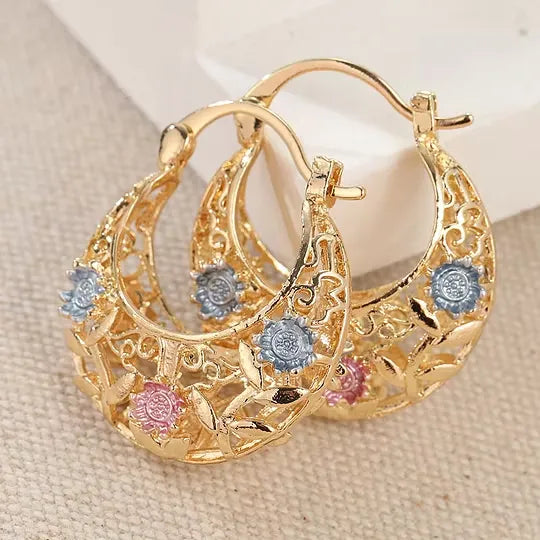 Women's Enamel Flower Crescent Hoop Earrings