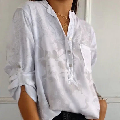 Women’s Floral Button Blouse with Roll-Up Sleeves