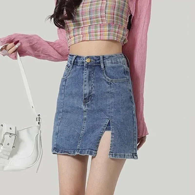 Women’s High-Waisted Front-Slit Denim Mini Skirt