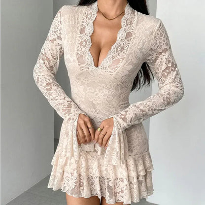 Women’s Elegant Lace V-Neck Ruffle Hem Mini Dress
