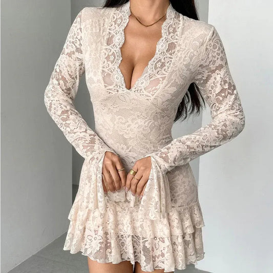 Women’s Elegant Lace V-Neck Ruffle Hem Mini Dress