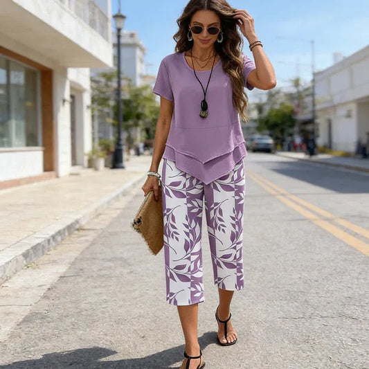 Women’s Layered Tunic Top and Printed Cropped Pants Set