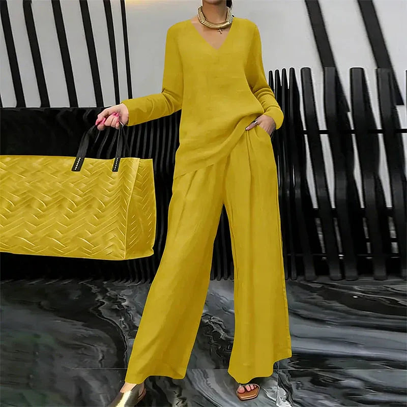 Women’s V-Neck Top and Wide-Leg Pants Set