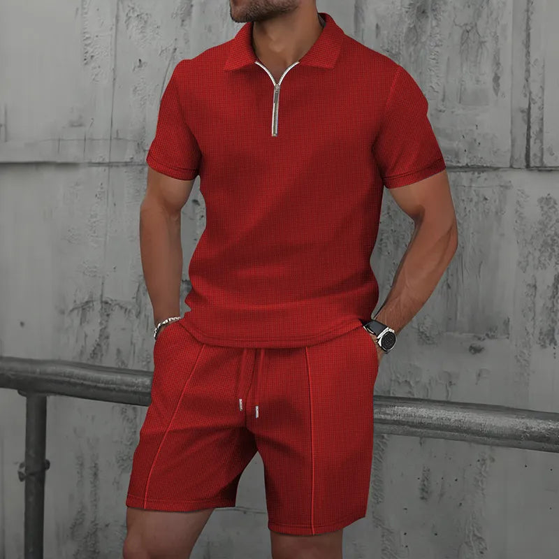 Men's Waffle Knit Polo Shirt & Shorts Set