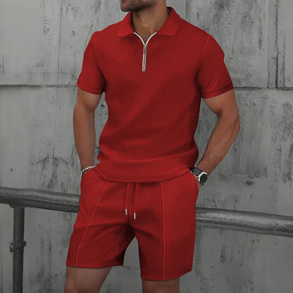 Men's Waffle Knit Polo Shirt & Shorts Set