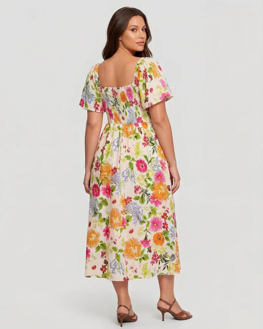 Women's Floral Smocked Square Neck Midi Dress with Pockets