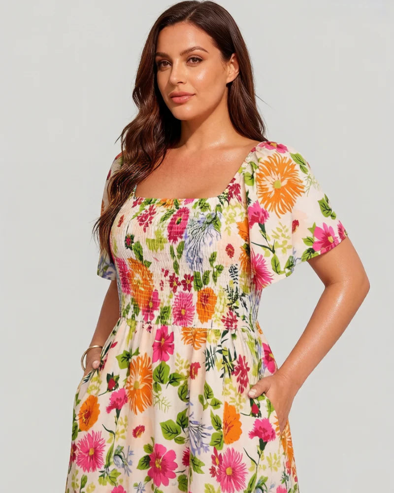 Women's Floral Smocked Square Neck Midi Dress with Pockets
