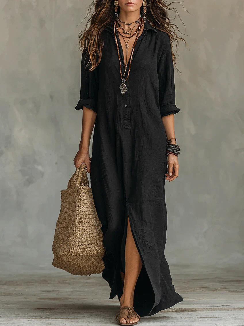 Women's Button Front Long Sleeve Maxi Shirt Dress