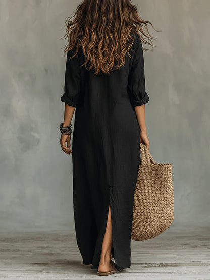 Women's Button Front Long Sleeve Maxi Shirt Dress