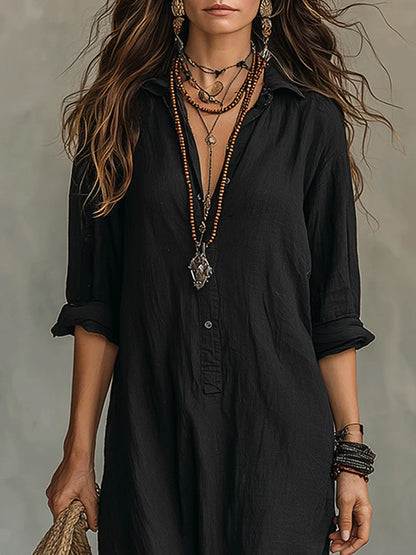 Women's Button Front Long Sleeve Maxi Shirt Dress