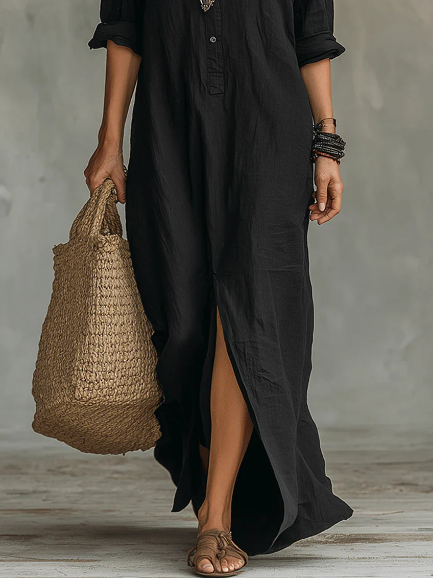 Women's Button Front Long Sleeve Maxi Shirt Dress