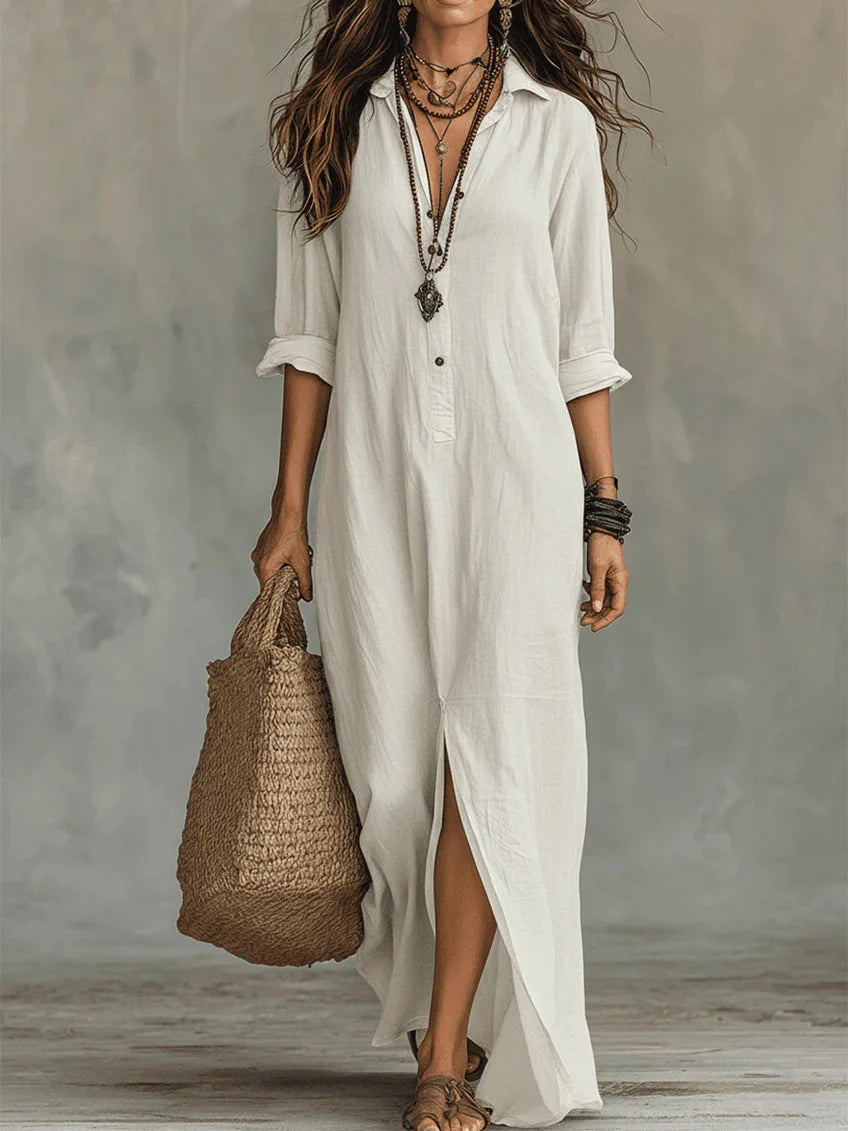 Women's Button Front Long Sleeve Maxi Shirt Dress