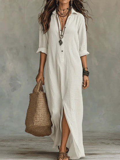 Women's Button Front Long Sleeve Maxi Shirt Dress