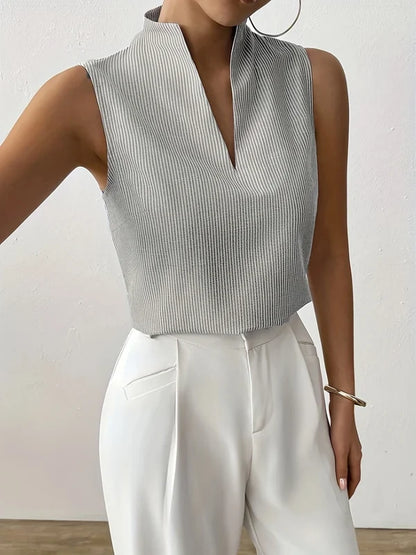 Women’s Striped Sleeveless Split-Neck Top