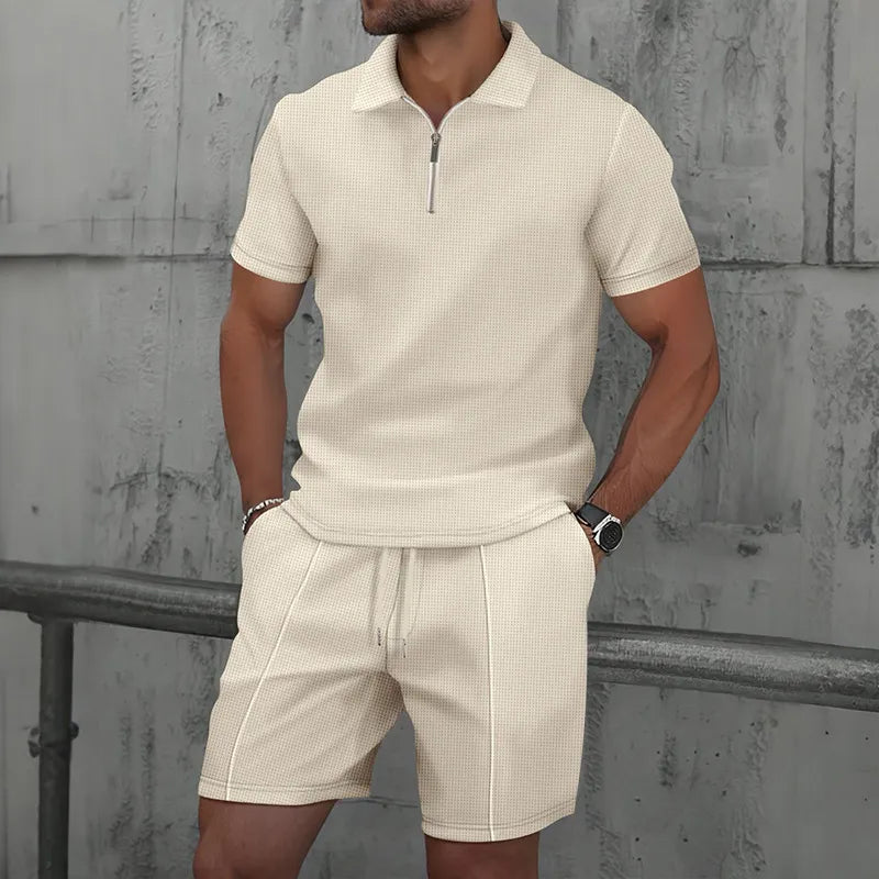 Men's Waffle Knit Polo Shirt & Shorts Set