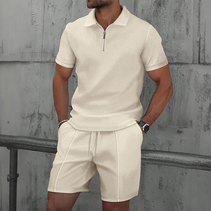 Men's Waffle Knit Polo Shirt & Shorts Set