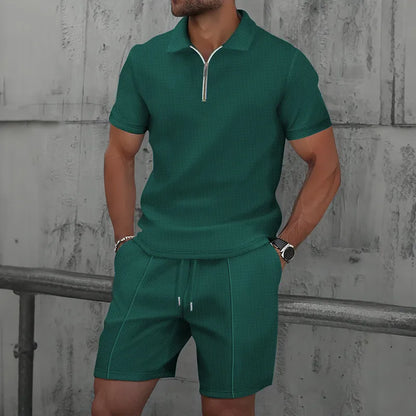 Men's Waffle Knit Polo Shirt & Shorts Set