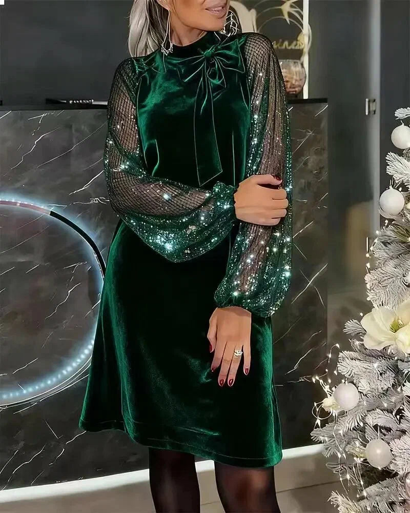 Velvet Sparkle Sleeve Bow Dress