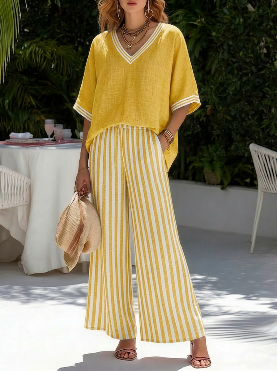 Women’s Striped Linen Blend Top & Wide Leg Pants Set