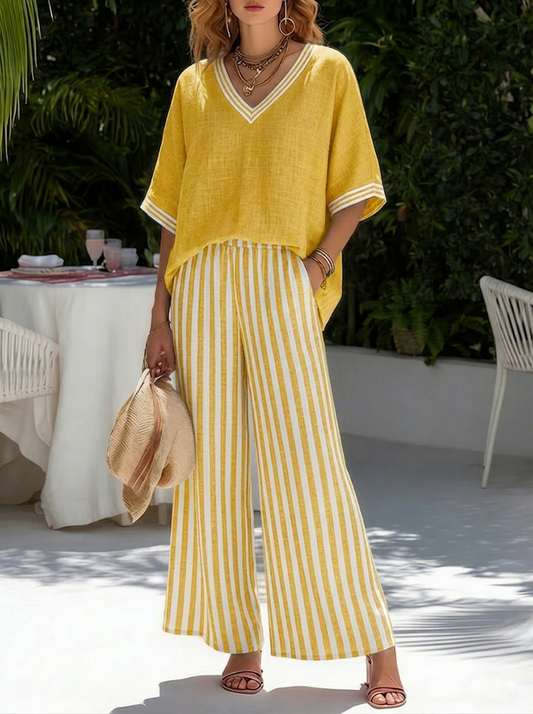 Women’s Striped Linen Blend Top & Wide Leg Pants Set