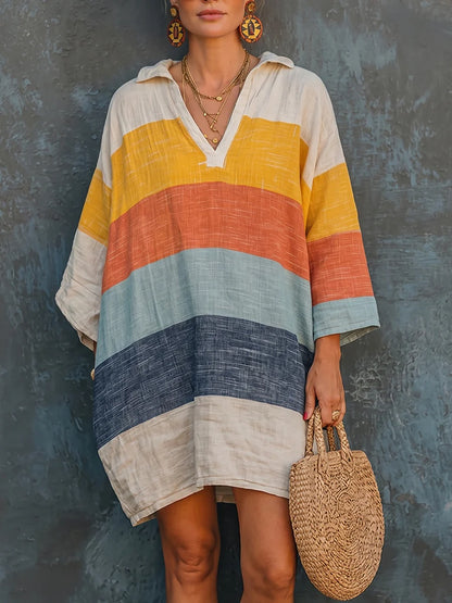 Women's Striped Collared V-Neck Shift Dress
