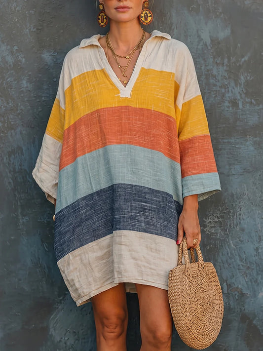 Women's Striped Collared V-Neck Shift Dress