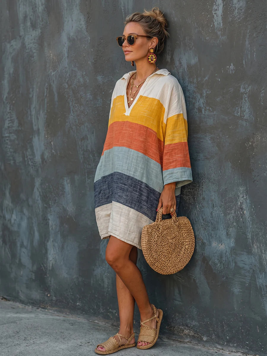 Women's Striped Collared V-Neck Shift Dress