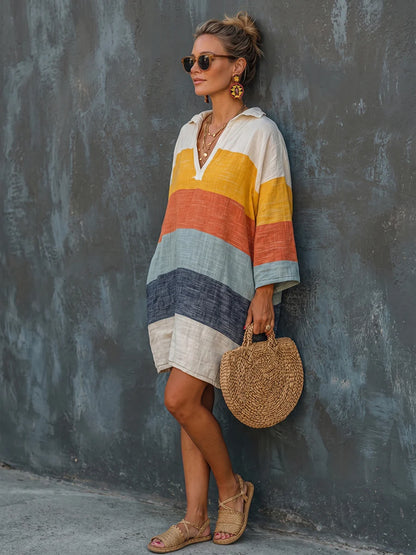 Women's Striped Collared V-Neck Shift Dress