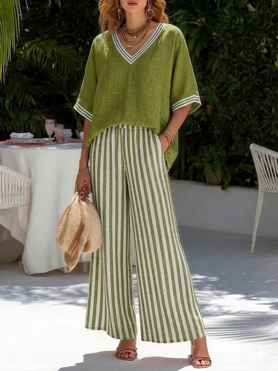 Women’s Striped Linen Blend Top & Wide Leg Pants Set