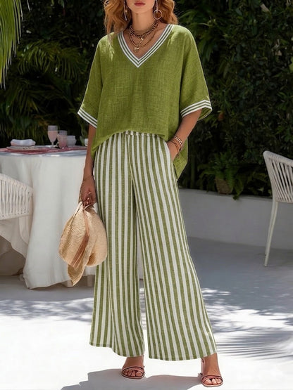 Women’s Striped Linen Blend Top & Wide Leg Pants Set