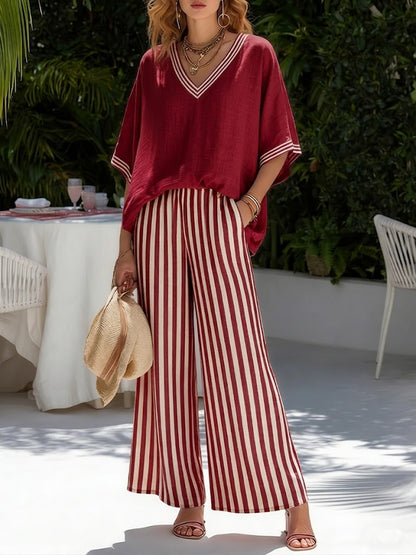 Women’s Striped Linen Blend Top & Wide Leg Pants Set