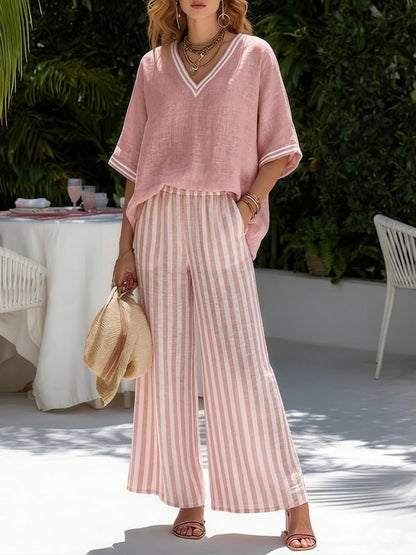Women’s Striped Linen Blend Top & Wide Leg Pants Set