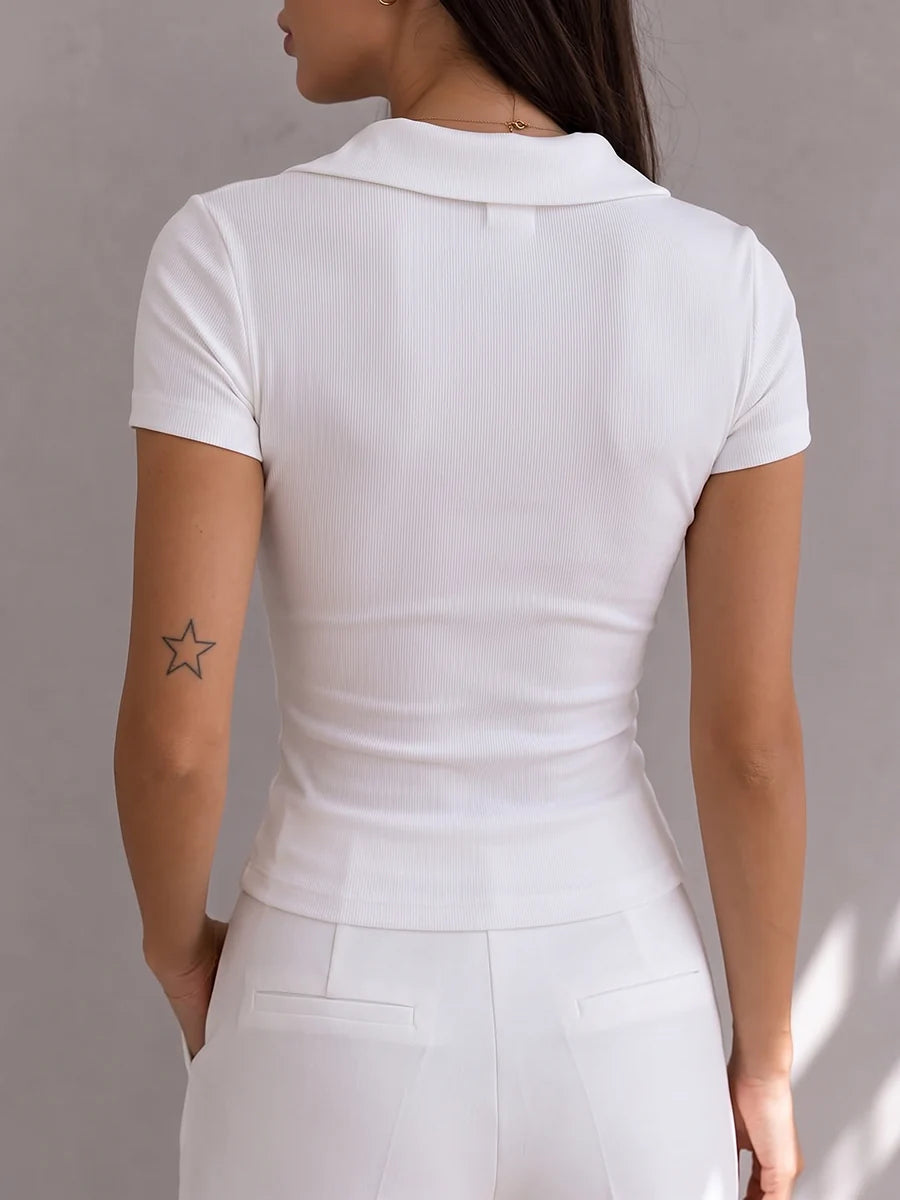 Women's Ribbed Collared V-Neck Knit Top