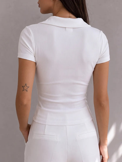 Women's Ribbed Collared V-Neck Knit Top
