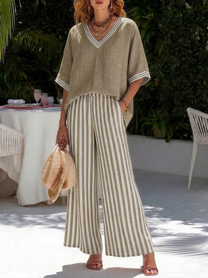 Women’s Striped Linen Blend Top & Wide Leg Pants Set