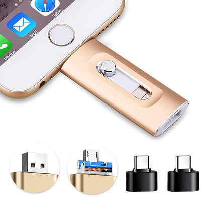 3-in-1 USB Flash Drive with Lightning & Type-C Adapter