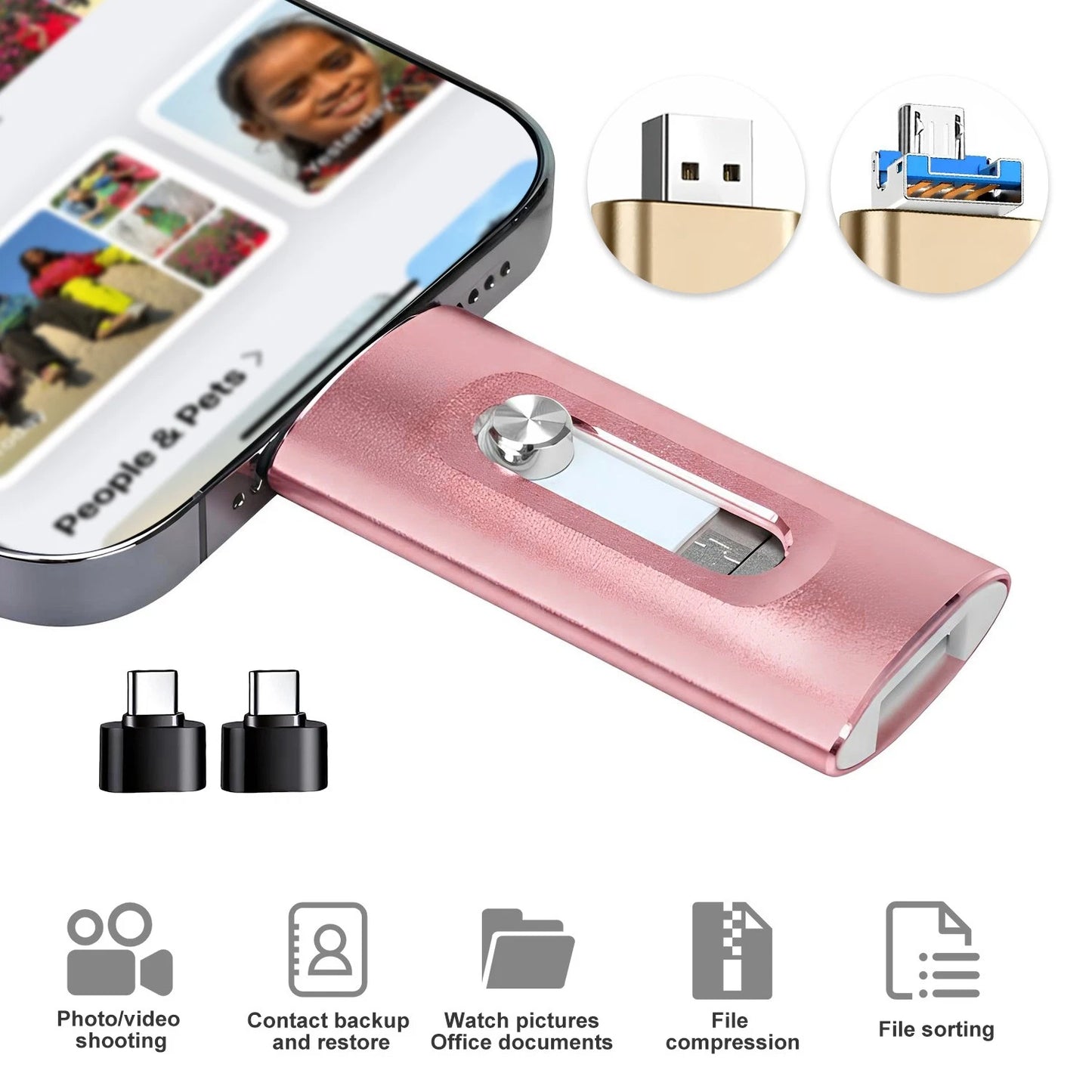 3-in-1 USB Flash Drive with Lightning & Type-C Adapter