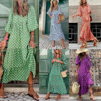 Women's Printed Puff Sleeve Tiered Maxi Dress