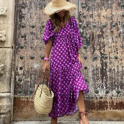 Women's Printed Puff Sleeve Tiered Maxi Dress