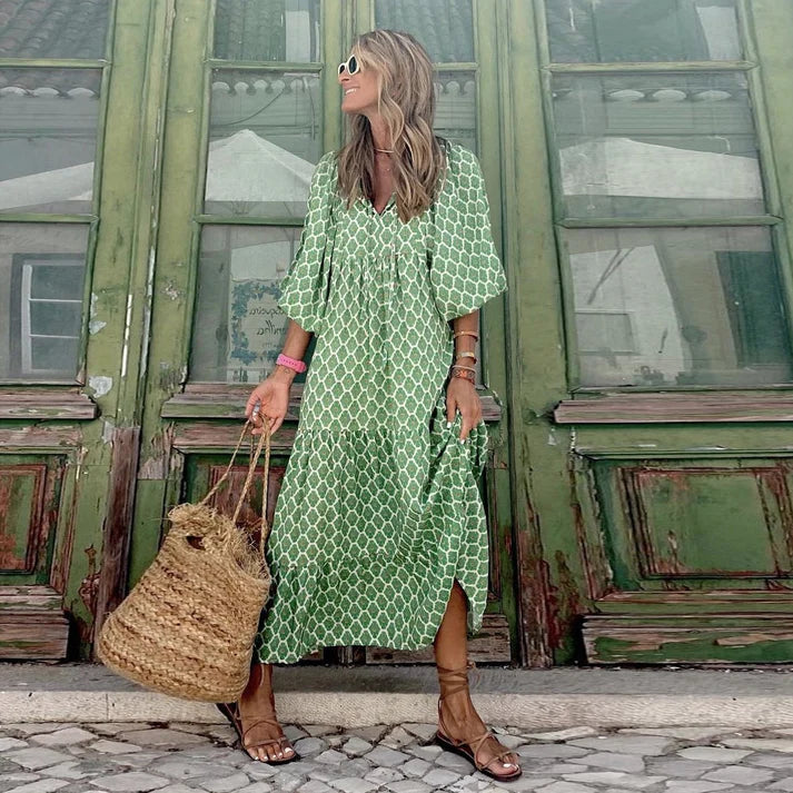 Women's Printed Puff Sleeve Tiered Maxi Dress