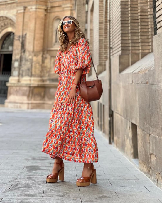 Women's Printed Puff Sleeve Tiered Maxi Dress