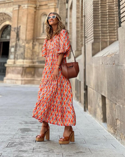 Women's Printed Puff Sleeve Tiered Maxi Dress
