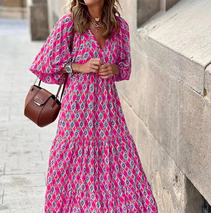 Women's Printed Puff Sleeve Tiered Maxi Dress
