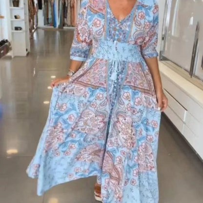 Women's Floral Print V-Neck Maxi Dress