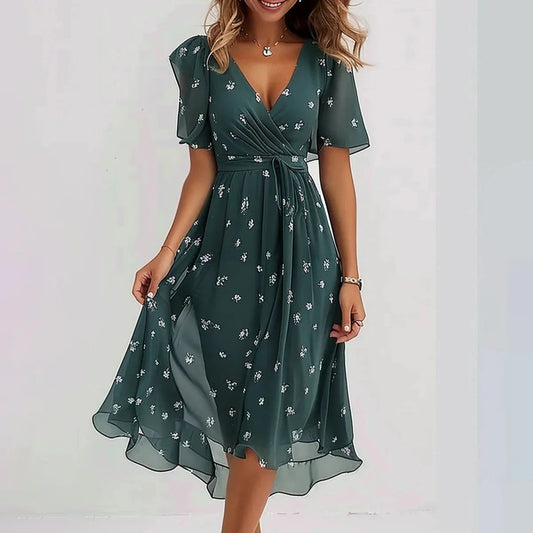 Women’s Floral Wrap V-Neck Midi Dress
