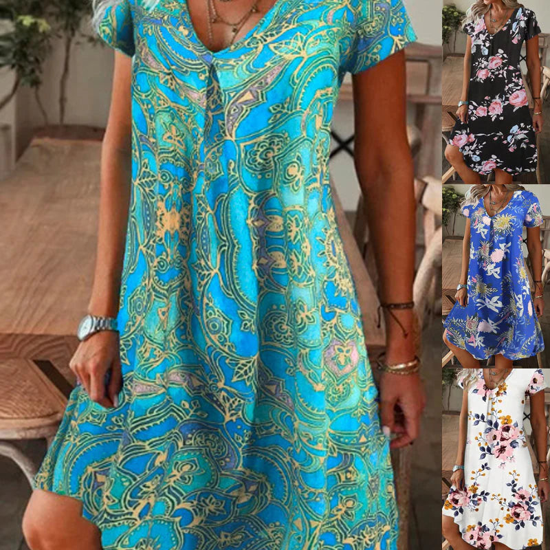 Women's V-Neck Printed Short-Sleeve Dress