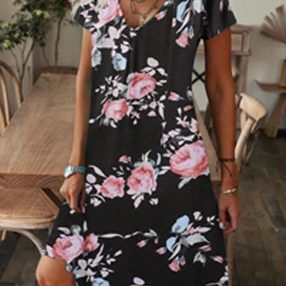 Women's V-Neck Printed Short-Sleeve Dress