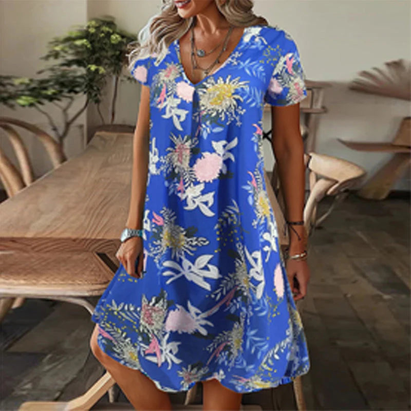 Women's V-Neck Printed Short-Sleeve Dress