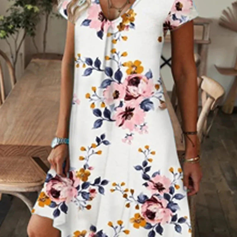 Women's V-Neck Printed Short-Sleeve Dress