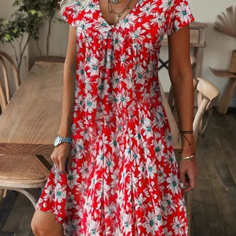 Women's V-Neck Printed Short-Sleeve Dress
